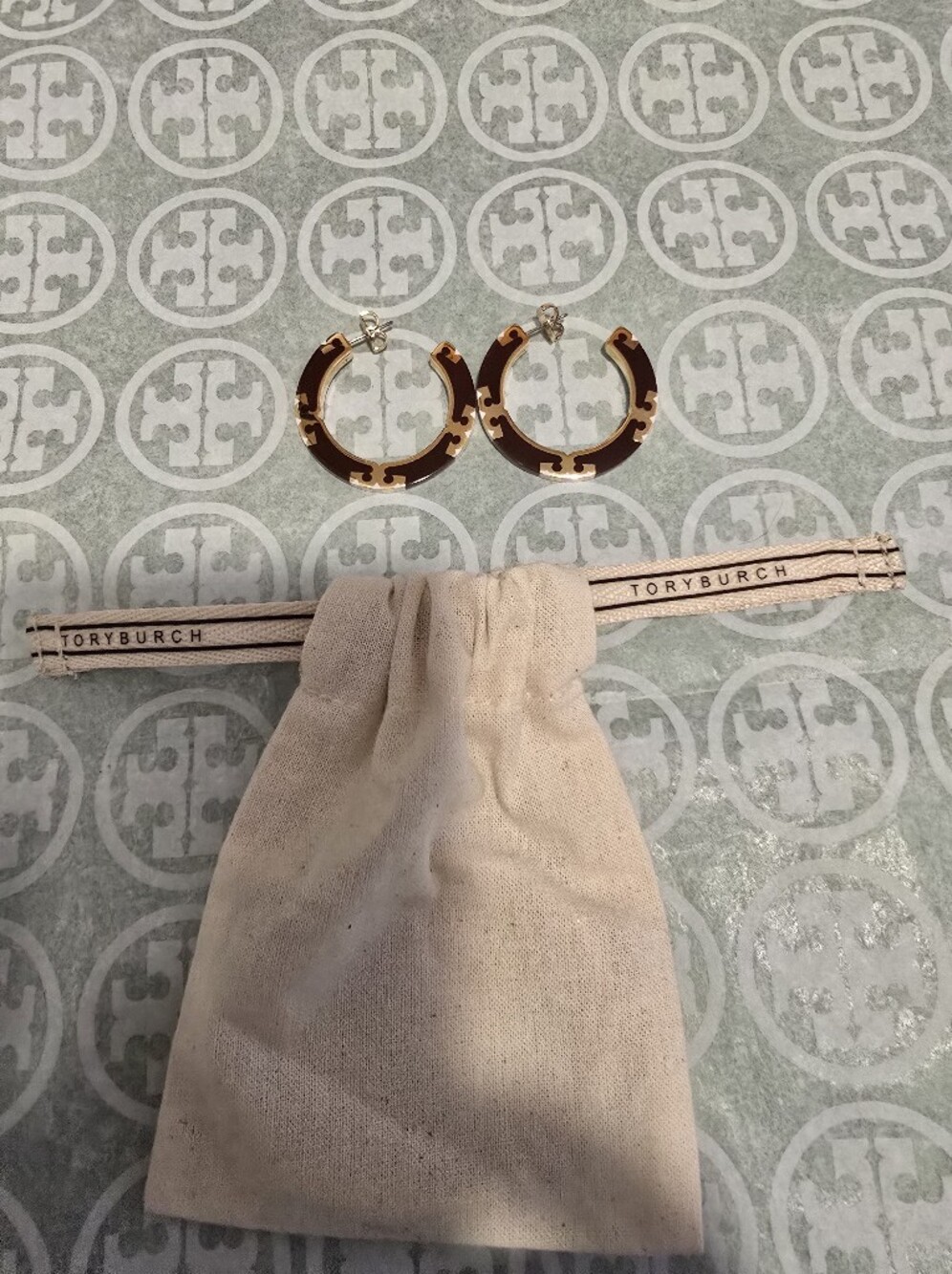 Tory Burch Brown and Gold Logo Hoop Earrings